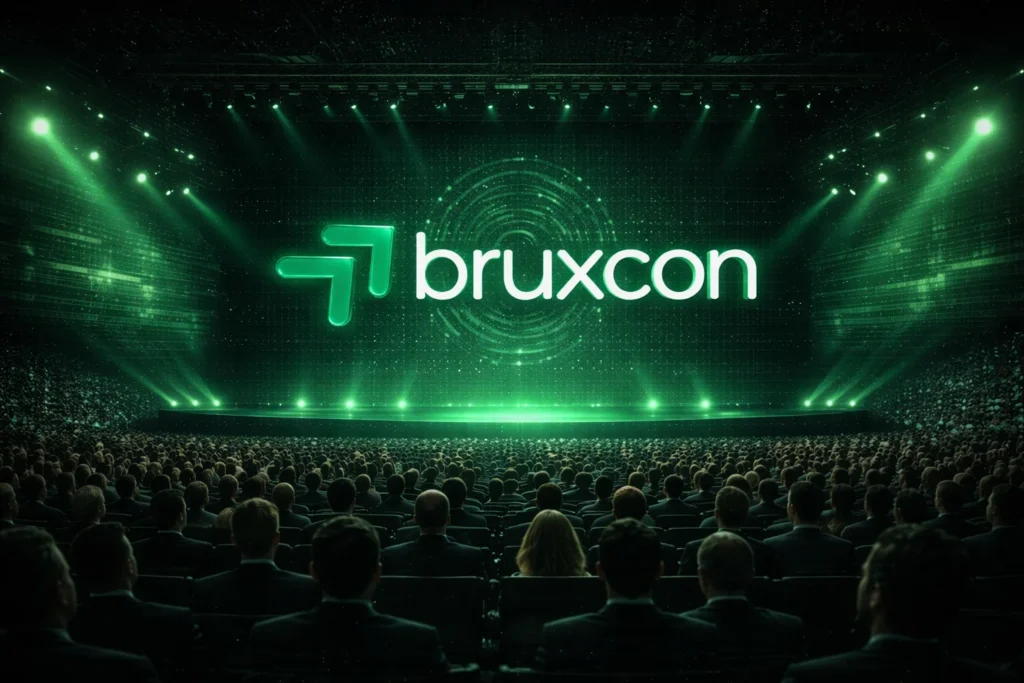 Palco da BruxCon iluminado diante do público